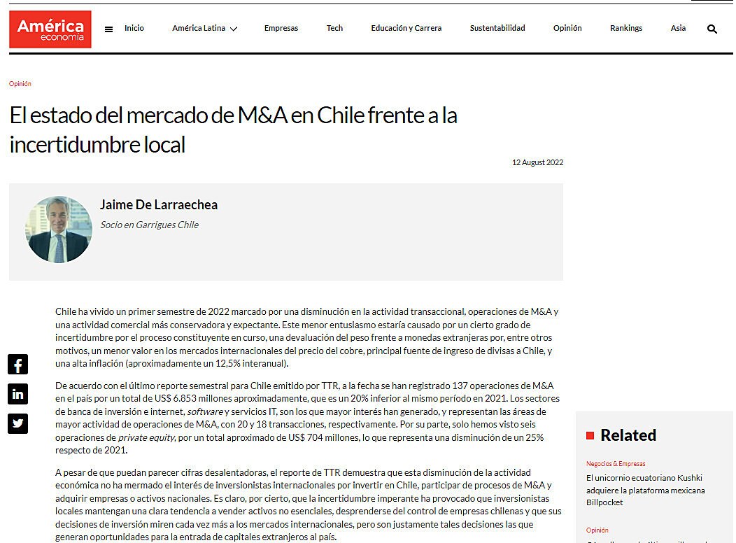 El estado del mercado de M&A en Chile frente a la incertidumbre local